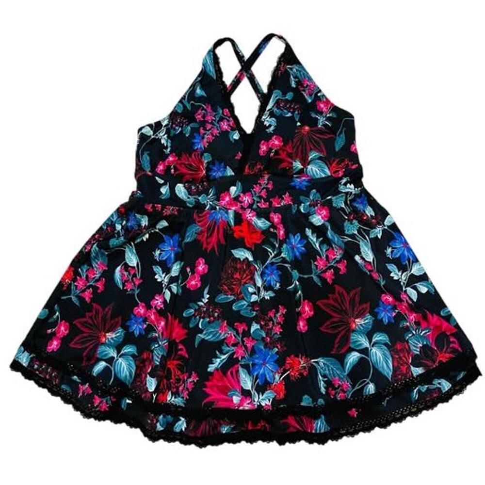 Torrid 6 (6X 30) Black Floral Busty V Mid Wireless Swimsuit Swim Dress w/Briefs